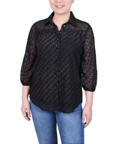 Женская жаккардовая шифоновая блузка с рукавами 3/4 и фольгой NY Collection, черный