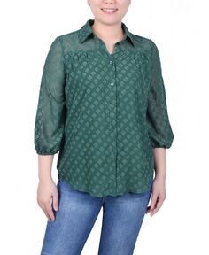 Женская жаккардовая шифоновая блузка с рукавами 3/4 и фольгой NY Collection, зеленый