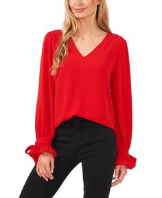 Женская однотонная блузка с длинными рукавами, v-образным вырезом и завязками на манжетах CeCe, цвет Luminous Red