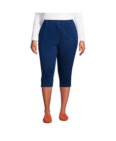 Спортивные трикотажные джинсовые брюки больших размеров с высокой посадкой и эластичной резинкой на талии Капри Lands&apos; End, синий