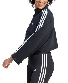 Женский флисовый укороченный свитшот с молнией четверть в 3 полоски adidas, черный