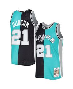 Мужская футболка Tim Duncan Black, Teal San Antonio Spurs Hardwood Classics 1998-99 Split Swingman Mitchell &amp; Ness, черный