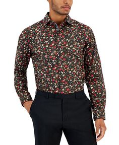 Мужская классическая рубашка узкого кроя с цветочным принтом Bar III, черный