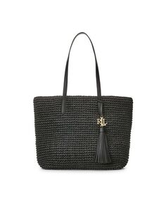 Соломенная сумка-тоут Whitney среднего размера, связанная крючком Lauren Ralph Lauren, черный