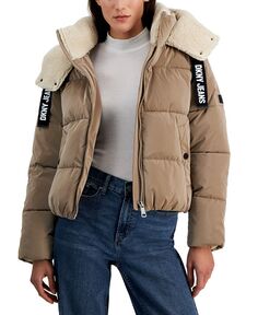 Женская куртка-пуховик с капюшоном и кулиской с логотипом DKNY Jeans, тан/бежевый