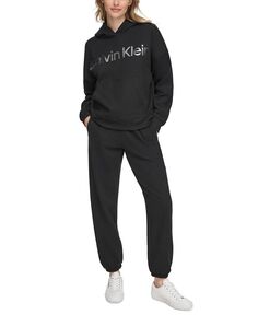 Женская худи с заниженными плечами и металлическим логотипом Calvin Klein, черный