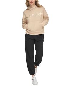Женская худи с заниженными плечами и металлическим логотипом Calvin Klein, тан/бежевый