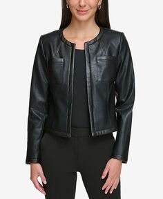 Куртка без воротника из искусственной кожи с тиснением Petite DKNY, черный