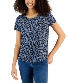 Женская хлопковая футболка с короткими рукавами и принтом Style &amp; Co, синий