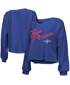 Женская футболка с открытыми плечами и надписью Royal Texas Rangers 2023 World Series Champions, укороченная футболка с длинными рукавами и v-образным вырезом Majestic, синий
