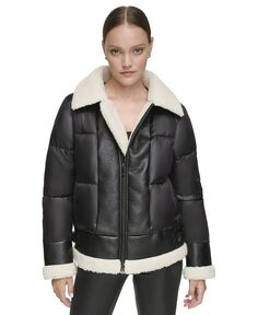Женская комбинированная куртка-пуховик с искусственной кожей и отделкой из шерпа Andrew Marc Sport, черный