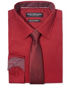 Мужская классическая рубашка узкого кроя с бриллиантовым медальоном и усилителем; Набор галстуков Nick Graham, мультиколор