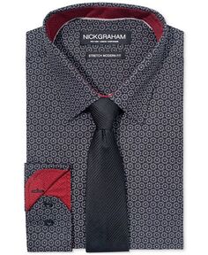 Мужская классическая рубашка узкого кроя с узором в виде круга и усилителем; Набор галстуков Nick Graham, черный