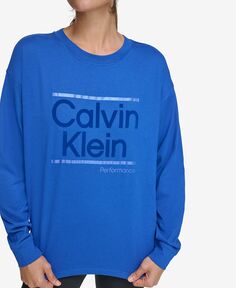 Женская хлопковая футболка с круглым вырезом и длинными рукавами с металлизированным логотипом Calvin Klein, синий