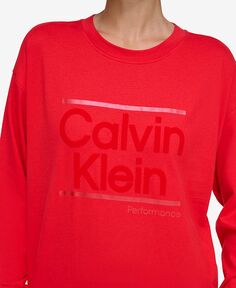 Женская хлопковая футболка с круглым вырезом и длинными рукавами с металлизированным логотипом Calvin Klein, красный