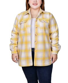 Саржевая куртка-рубашка больших размеров с длинными рукавами NY Collection, цвет Yellow White Plaid