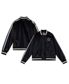Женская черная рваная атласная куртка с длинными кнопками Dallas Cowboys реглан Mitchell &amp; Ness, черный