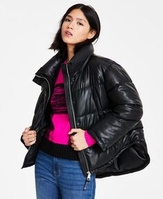 Женская куртка-пуховик из искусственной кожи с высоким и низким подолом DKNY Jeans, черный
