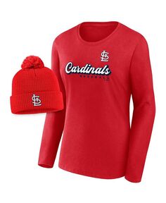 Женская фирменная красная футболка с длинными рукавами St. Louis Cardinals Run The Bases и вязаная шапка с манжетами и комбинированный комплект с помпонами Fanatics, красный