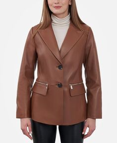 Женский кожаный пиджак с карманом на молнии Anne Klein, коричневый