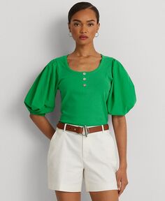 Женская футболка Henley из эластичного хлопка с объемными рукавами Lauren Ralph Lauren, зеленый