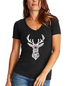 Женская футболка с v-образным вырезом и надписью Santa&apos;s Reindeer Word Art LA Pop Art, черный