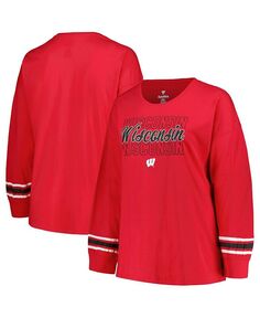 Женская красная футболка Wisconsin Badgers размера плюс с тройным надписью, круглым вырезом и длинными рукавами Profile, красный