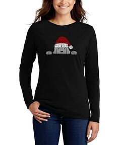 Женская футболка с длинным рукавом и надписью «Рождественская выглядывающая собака» Word Art LA Pop Art, черный
