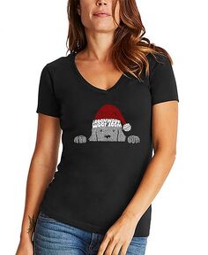 Женская футболка с v-образным вырезом и надписью «Рождественская выглядывающая собака» LA Pop Art, черный