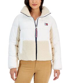 Женская куртка-пуховик смешанной техники с цветными блоками Tommy Hilfiger, белый