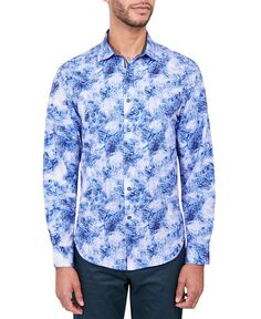 Мужская эластичная рубашка на пуговицах с узором пейсли обычного кроя без утюга Society of Threads, синий