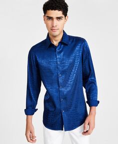 Мужская атласная рубашка на пуговицах с длинным рукавом из змеиной кожи I.N.C. International Concepts, синий