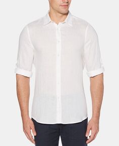 Мужская однотонная льняная рубашка с рулонными рукавами Perry Ellis, белый