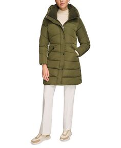 Женское эластичное пуховое пальто с воротником из искусственного шерпа и капюшоном Calvin Klein, зеленый