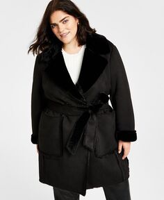 Женское пальто больших размеров из искусственной дубленки с поясом и зубчатым воротником DKNY, черный
