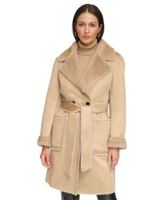 Женское пальто из искусственной дубленки с поясом и зубчатым воротником DKNY, тан/бежевый