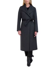 Женское пальто с запахом и поясом из смесовой шерсти Tahari, серый
