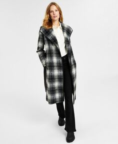 Женское клетчатое пальто с длинными рукавами и запахом на поясе Tahari, черный