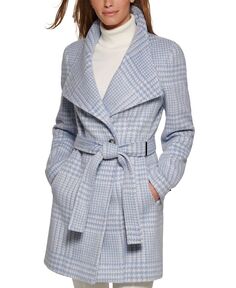 Женское пальто с запахом из смесовой шерсти с поясом Calvin Klein, синий