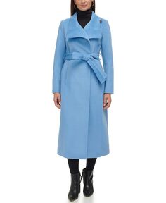 Женское шерстяное пальто макси с поясом и воротником-стойкой Kenneth Cole, синий