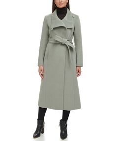 Женское шерстяное пальто макси с поясом и воротником-стойкой Kenneth Cole, зеленый