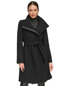 Женское шерстяное пальто асимметричного кроя с поясом и воротником-воронкой DKNY, черный