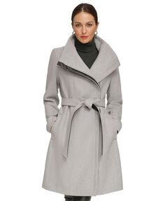Женское шерстяное пальто асимметричного кроя с поясом и воротником-воронкой DKNY, серый