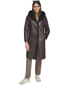 Женское пальто из искусственной овчины с капюшоном Calvin Klein, коричневый