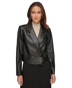 Женский укороченный двубортный пиджак из искусственной кожи DKNY, черный