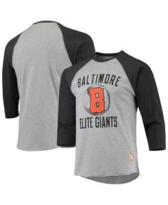 Мужская футболка цвета реглан с надписью «Хезер серо-черный» Baltimore Elite Giants Negro League, рукав 3/4 Stitches, серый