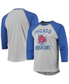 Мужская футболка реглан с надписью «Heather Grey, Royal Chicago American Giants Negro League» с рукавами 3/4 Stitches, серый