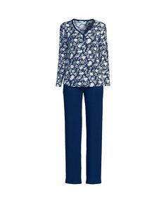 Женский уютный пижамный комплект из двух предметов: топ с длинными рукавами и брюки Lands&apos; End, синий