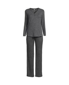 Женский уютный пижамный комплект из двух предметов: топ с длинными рукавами и брюки Lands&apos; End, серый