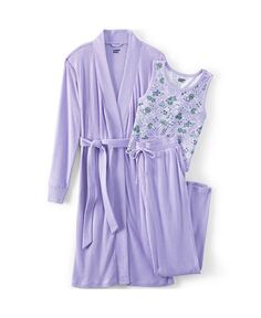 Уютный женский пижамный комплект из трех предметов: халат, верх и брюки Lands&apos; End, фиолетовый